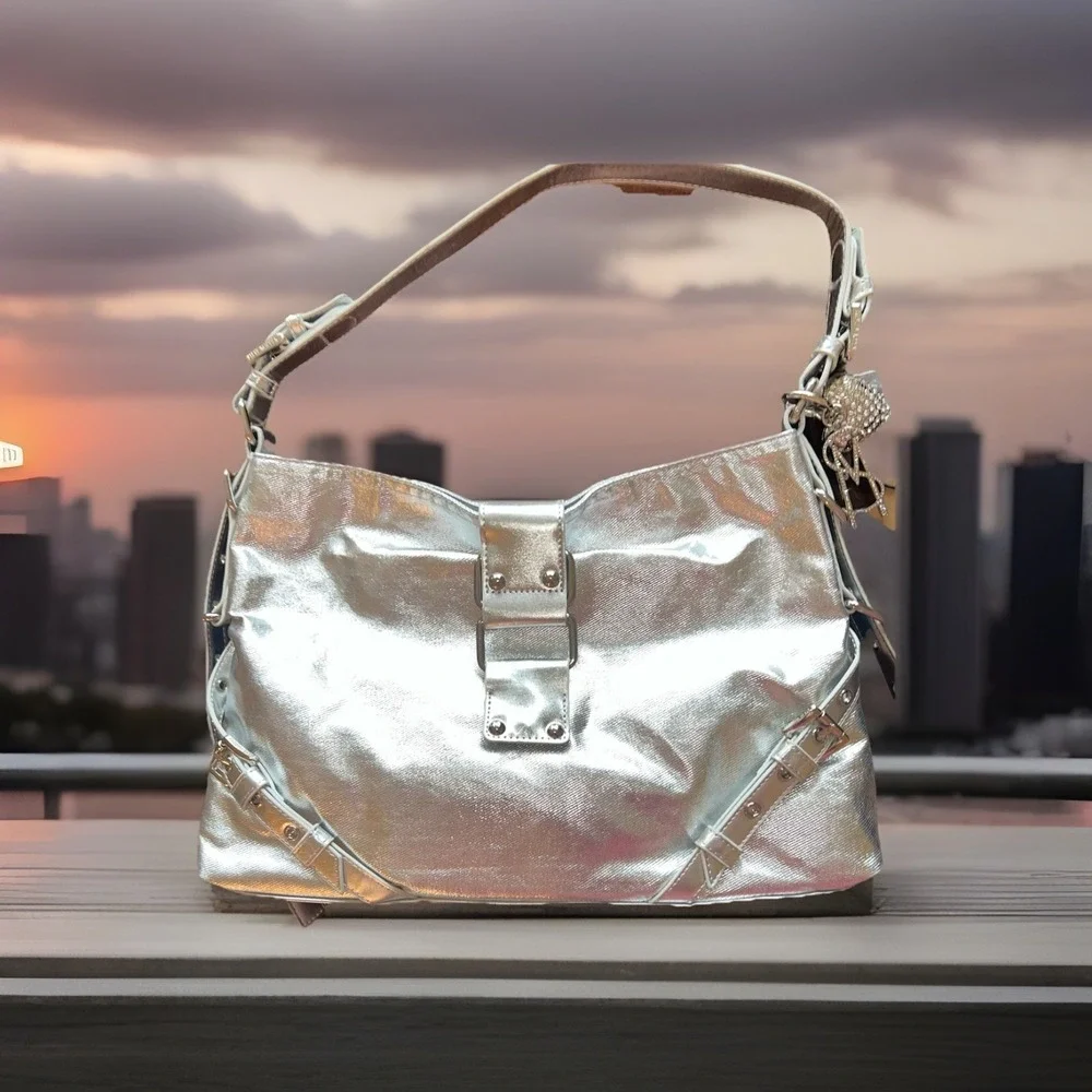 Steve Madden Bcullen Silver Denim Hobo Bag NWT Rhinestone Bling Metallic